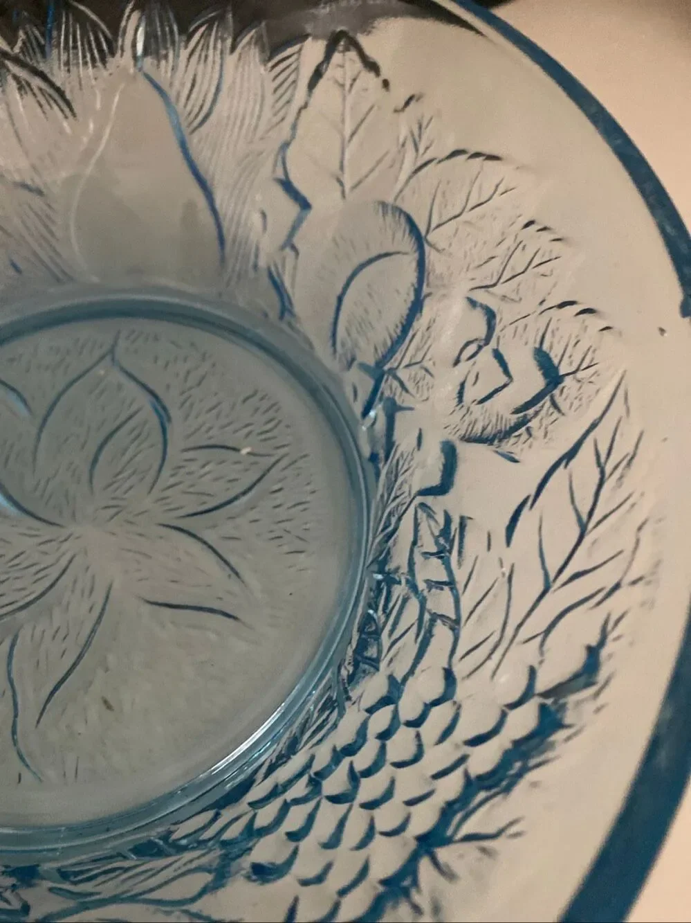 Blue Pressed Glass Serving Bowl Embossed Floral Pattern Decorative Dish vintage